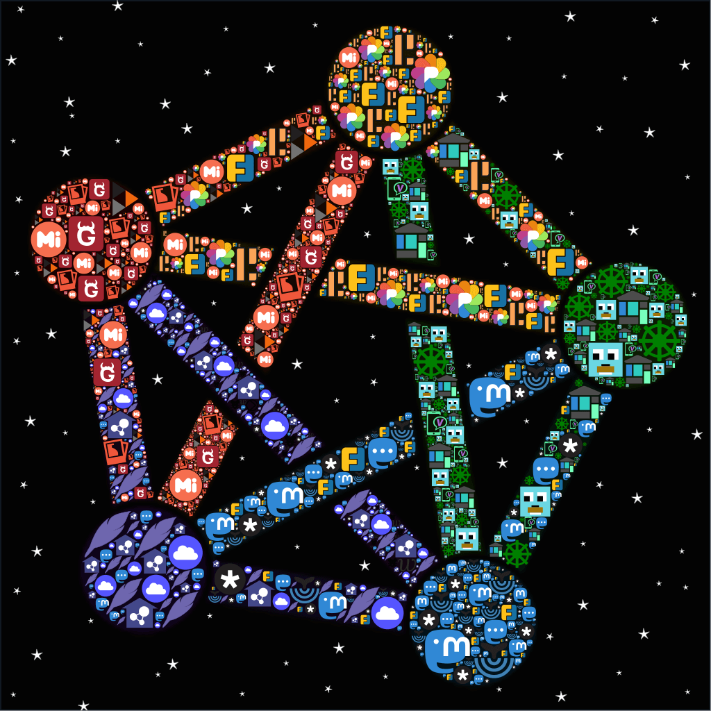 Mosaic of the fediverse logo with the icons of the different projects. Image via Wikimedia Commons by Tobias Buckdahn. BY SA 4.0