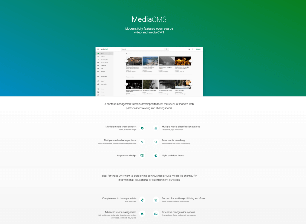 screenshot of MediaCMS brochure site